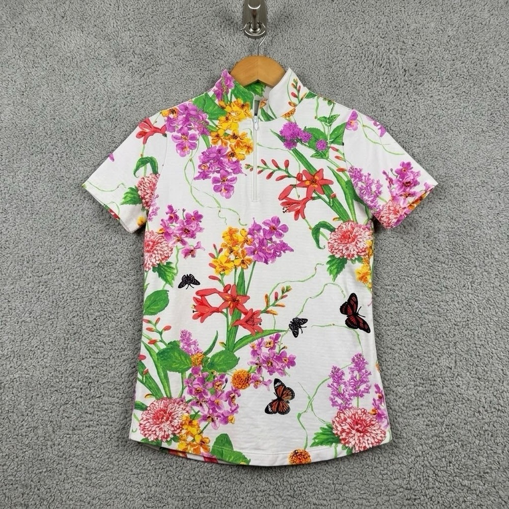 IBKUL 1/4 Zip Short Sleeve Shirt Activewear Stretchy Butterflies Floral Golf XS